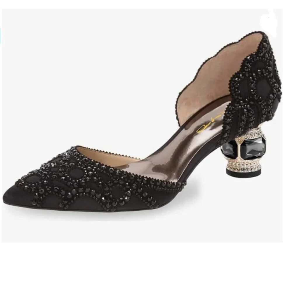 XYD Black Pointed Toe D'Orsay Crystal Chunky Low Heels Rhinestone Studs Pumps